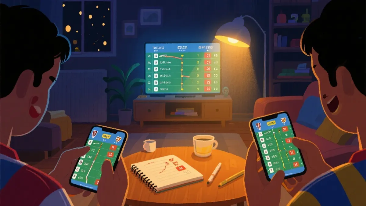 球迷用手机查看多组积分榜与晋级线的观赛场景插画
